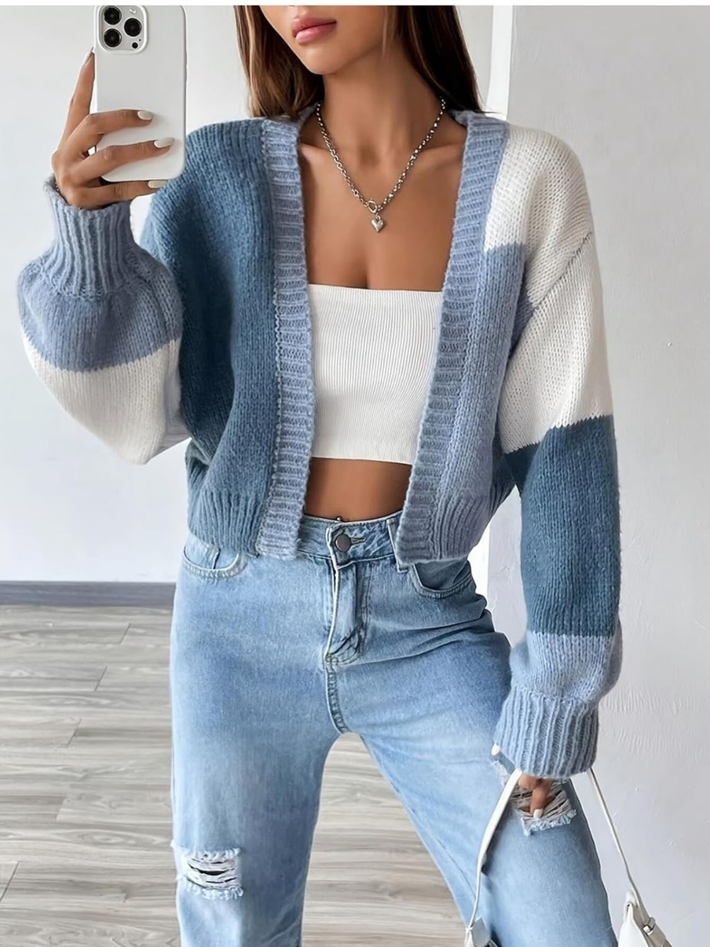 SHEIN Blue & White Chunky Colorblock Cropped Cardigan